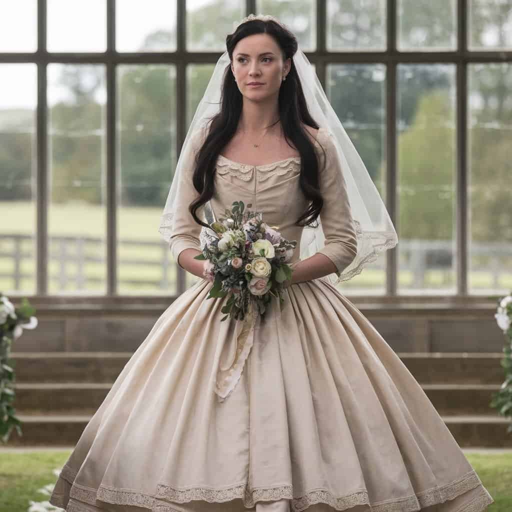 Timeless and romantic vintage-inspired A-line Western wedding dress with lace details, perfect for outdoor barn or rustic weddings.