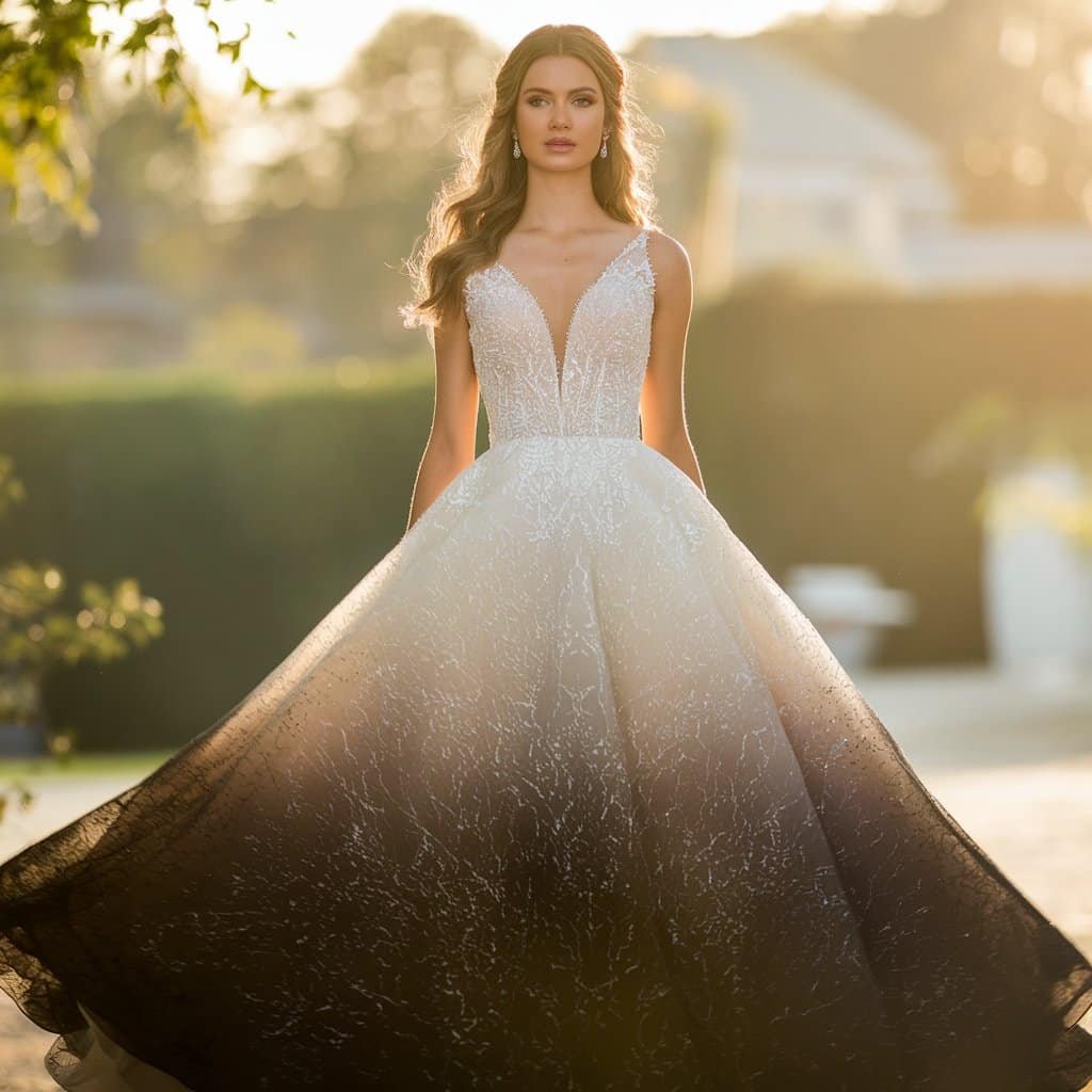 Stunning ombre black and white wedding dress with a gradual fade from top to bottom, perfect for modern brides.