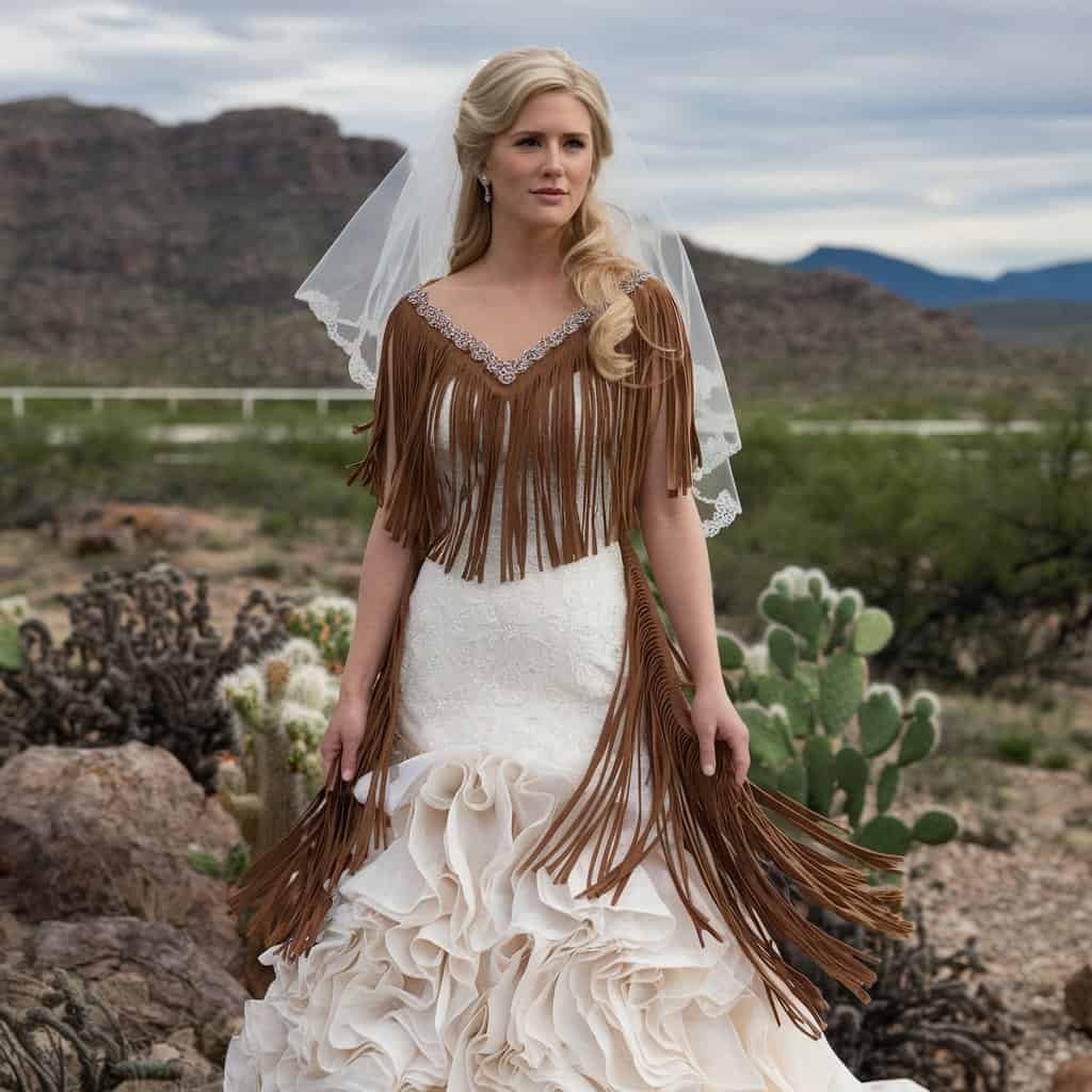 Cowgirl-inspired Western wedding dress with playful fringe and leather accents, ideal for bold brides wanting to make a statement on their wedding day.