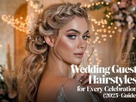 Modern braided updo wedding guest hairstyle styled with intricate details, perfect for wowing the crowd.