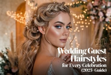 Modern braided updo wedding guest hairstyle styled with intricate details, perfect for wowing the crowd.