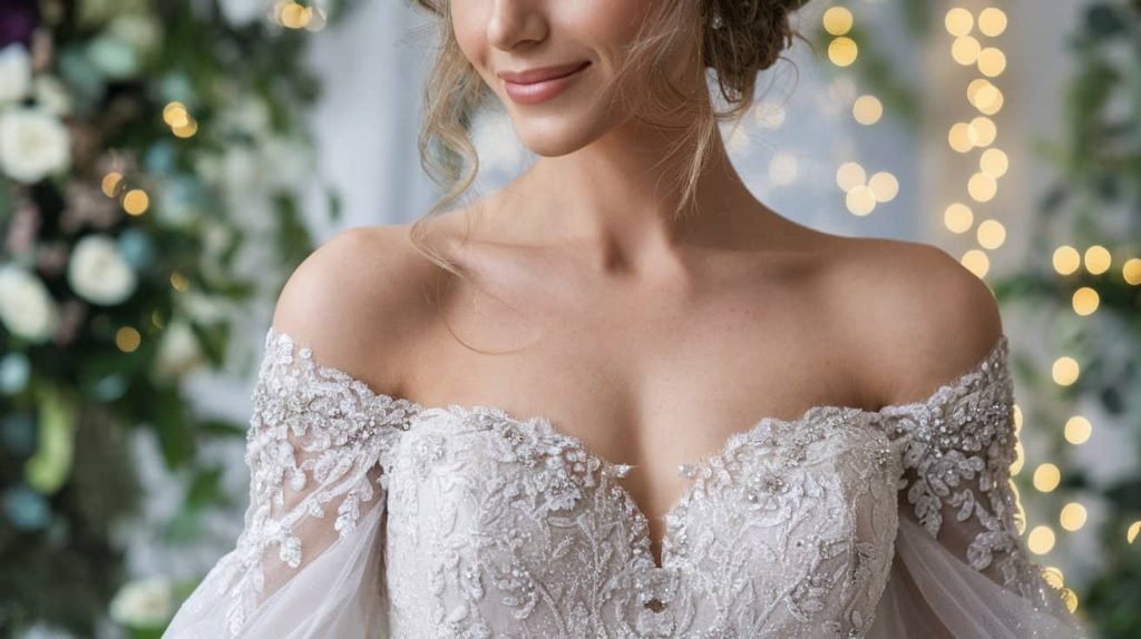 Close-up of a stunning bride in a royal off-the-shoulder wedding dress, showcasing intricate lace details and elegant fabric against a blurred romantic backdrop