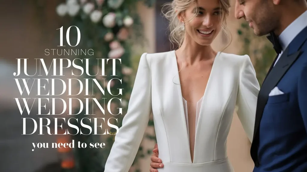 Close-up of a beautiful bride in a sleek white jumpsuit wedding dress standing with her handsome groom on their wedding day. The bride’s modern bridal jumpsuit features a tailored fit with delicate details, exuding elegance and sophistication. The couple shares a romantic moment, set against a blurred garden backdrop with soft lighting, emphasizing the charm of jumpsuit wedding dresses for contemporary brides.