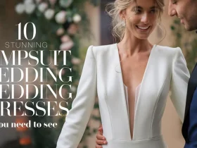 Close-up of a beautiful bride in a sleek white jumpsuit wedding dress standing with her handsome groom on their wedding day. The bride’s modern bridal jumpsuit features a tailored fit with delicate details, exuding elegance and sophistication. The couple shares a romantic moment, set against a blurred garden backdrop with soft lighting, emphasizing the charm of jumpsuit wedding dresses for contemporary brides.