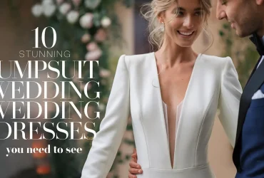 Close-up of a beautiful bride in a sleek white jumpsuit wedding dress standing with her handsome groom on their wedding day. The bride’s modern bridal jumpsuit features a tailored fit with delicate details, exuding elegance and sophistication. The couple shares a romantic moment, set against a blurred garden backdrop with soft lighting, emphasizing the charm of jumpsuit wedding dresses for contemporary brides.