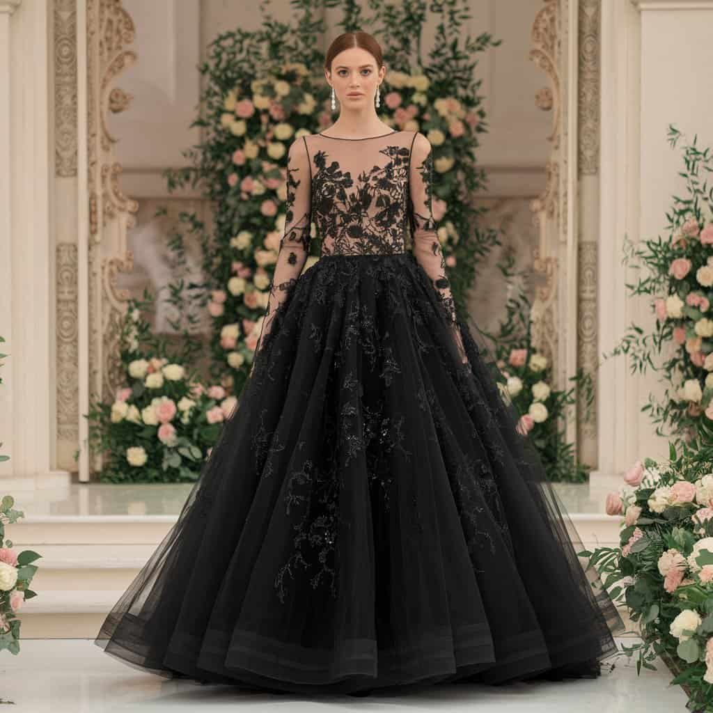 Black Wedding Guest Dresses: Tulle Ball Gown with Fluffy Skirt – A stunning black tulle ball gown featuring a fluffy skirt for a dramatic and elegant wedding guest look.