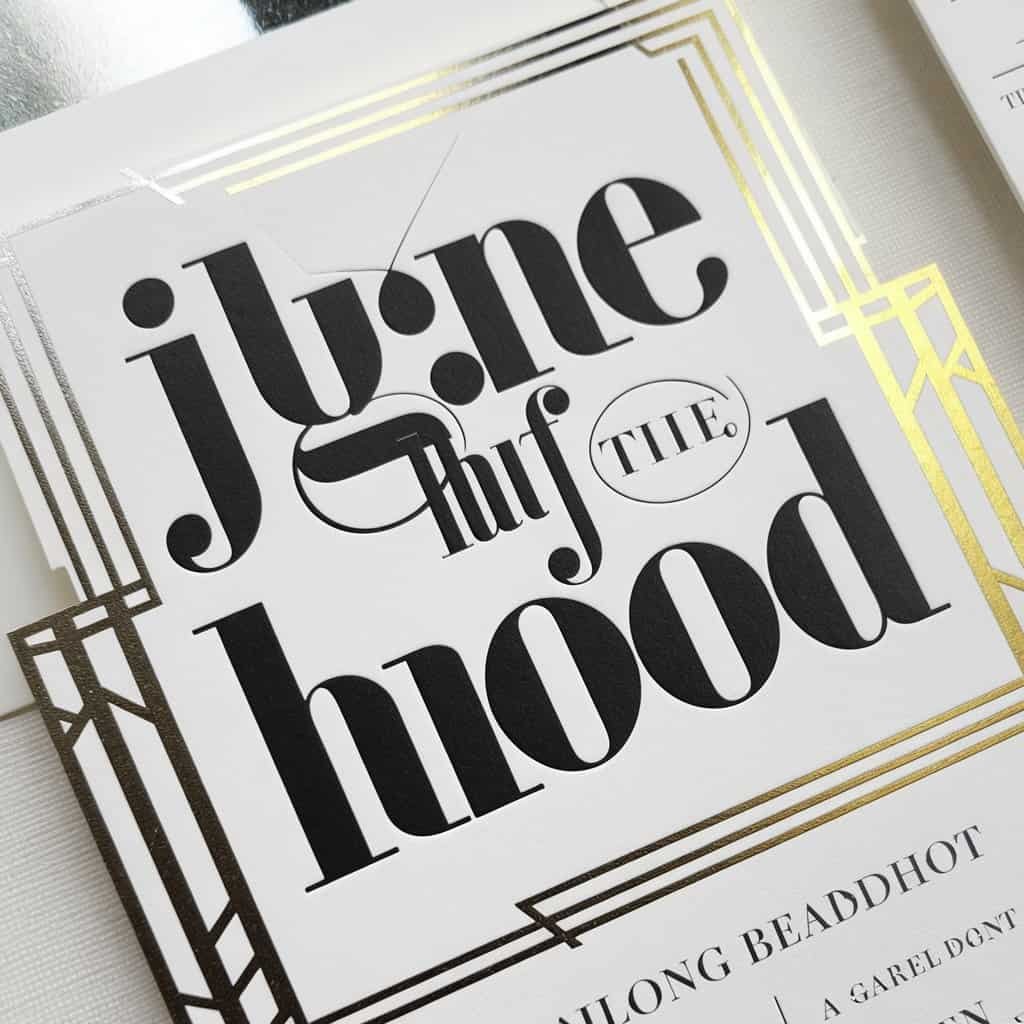 Black and white wedding invitation capturing the opulence of Hollywood with bold typography and classic style.