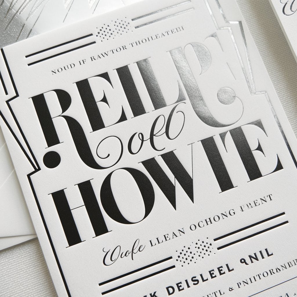 Elegant black and white wedding invitation with Hollywood glamour-inspired geometric shapes and luxurious fonts.