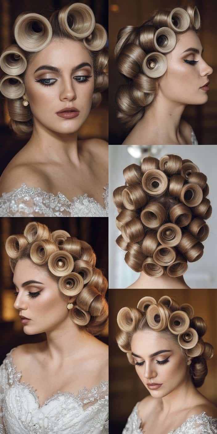 Vintage-Inspired Pin Curls Back View: Back view of full pin curl patterns, a classic choice for wedding guest hairstyles.

