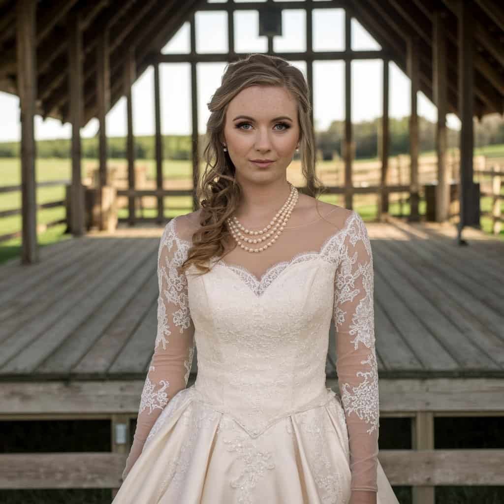 Bride in a romantic Lace and Satin Western wedding gown with flowing train, perfect for combining rustic elegance with bridal sophistication.