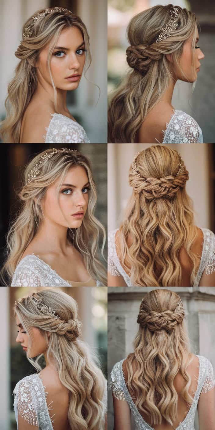 Ethereal wedding guest hairstyle featuring a delicate twisted half-up design