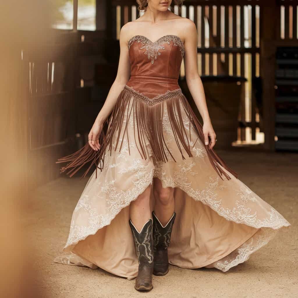 Bride in a custom Western wedding dress featuring personalized fringe, lace, and leather details, styled with cowboy boots for a unique barn wedding look.