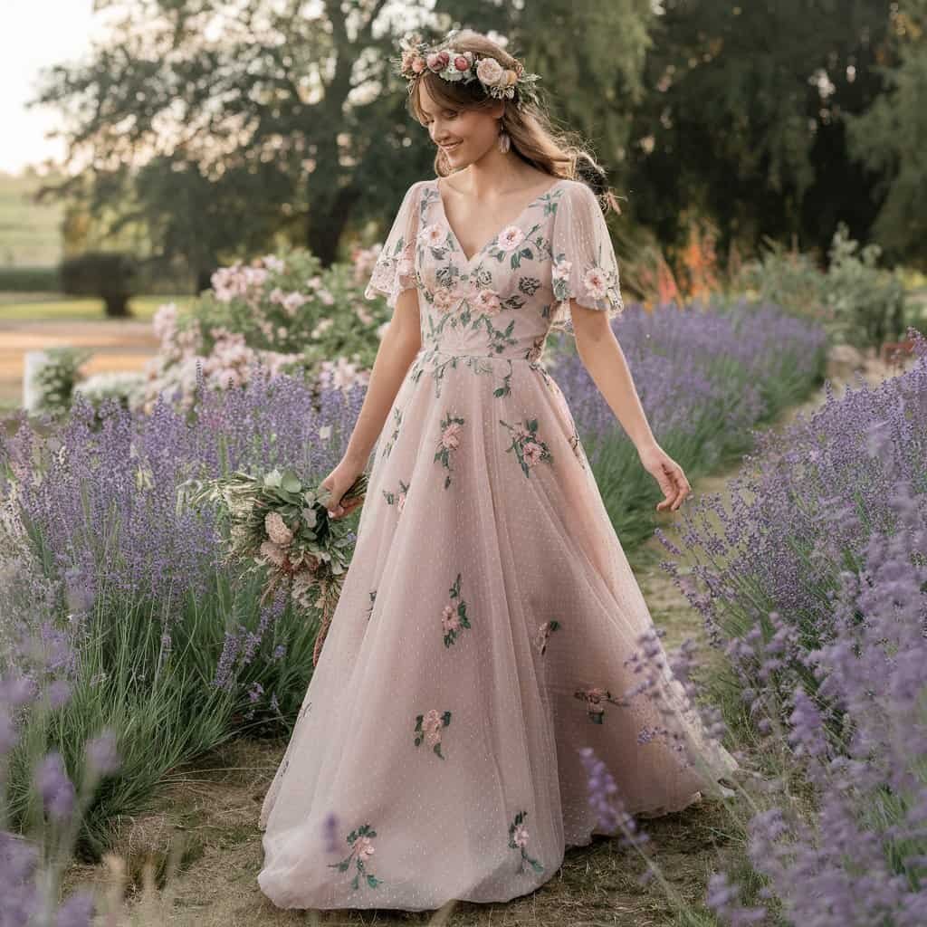 Bride in an A-Line Western wedding dress with delicate floral embroidery, perfect for a nature-inspired outdoor ceremony.