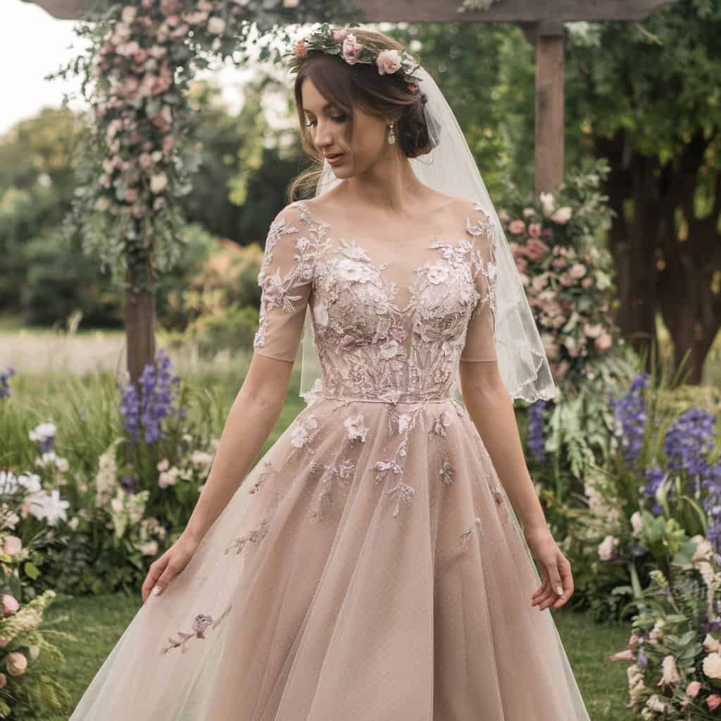 A-Line Western wedding dress with intricate floral lace detailing, a perfect blend of rustic charm and nature-inspired beauty for outdoor weddings.