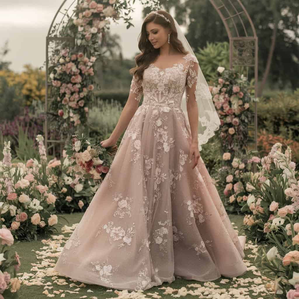 Beautiful bride in an A-Line Western dress with floral embroidery, ideal for a garden wedding or countryside celebration, evoking natural elegance.
