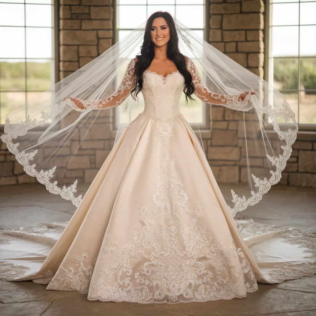 Bride in a stunning Lace and Satin Western wedding gown, combining delicate lace with a dramatic train for a romantic, rustic bridal look.