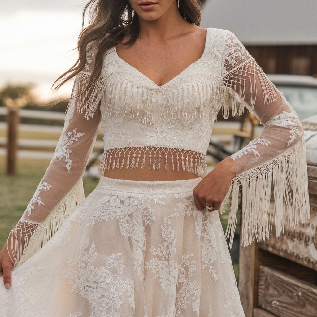Beautiful bride wearing a stylish Western two-piece wedding dress with lace crop top and flowing skirt, perfect for a rustic yet contemporary celebration.