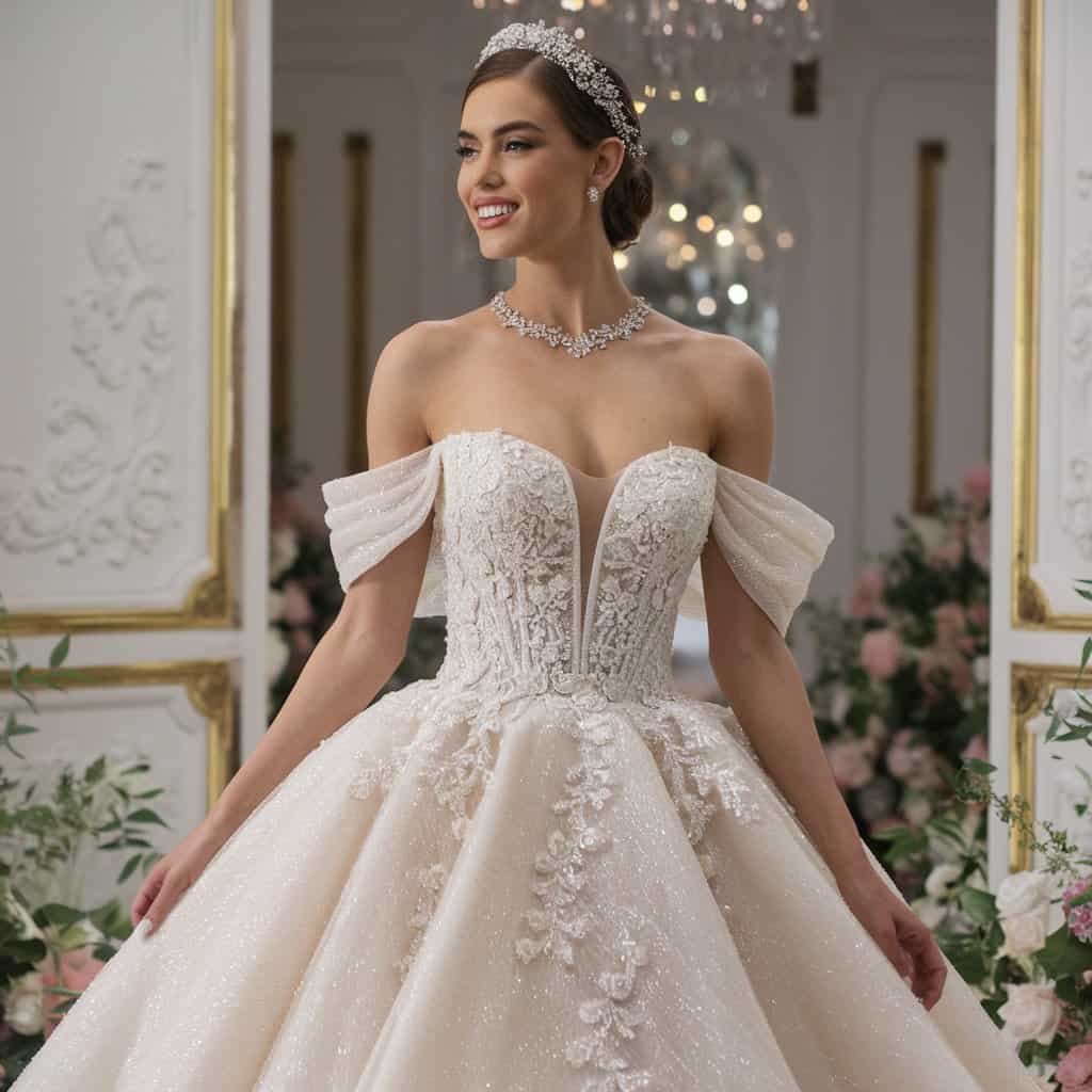 Beautifully crafted ball gown showcasing off-the-shoulder styling and delicate lace details, ideal for a regal wedding celebration.