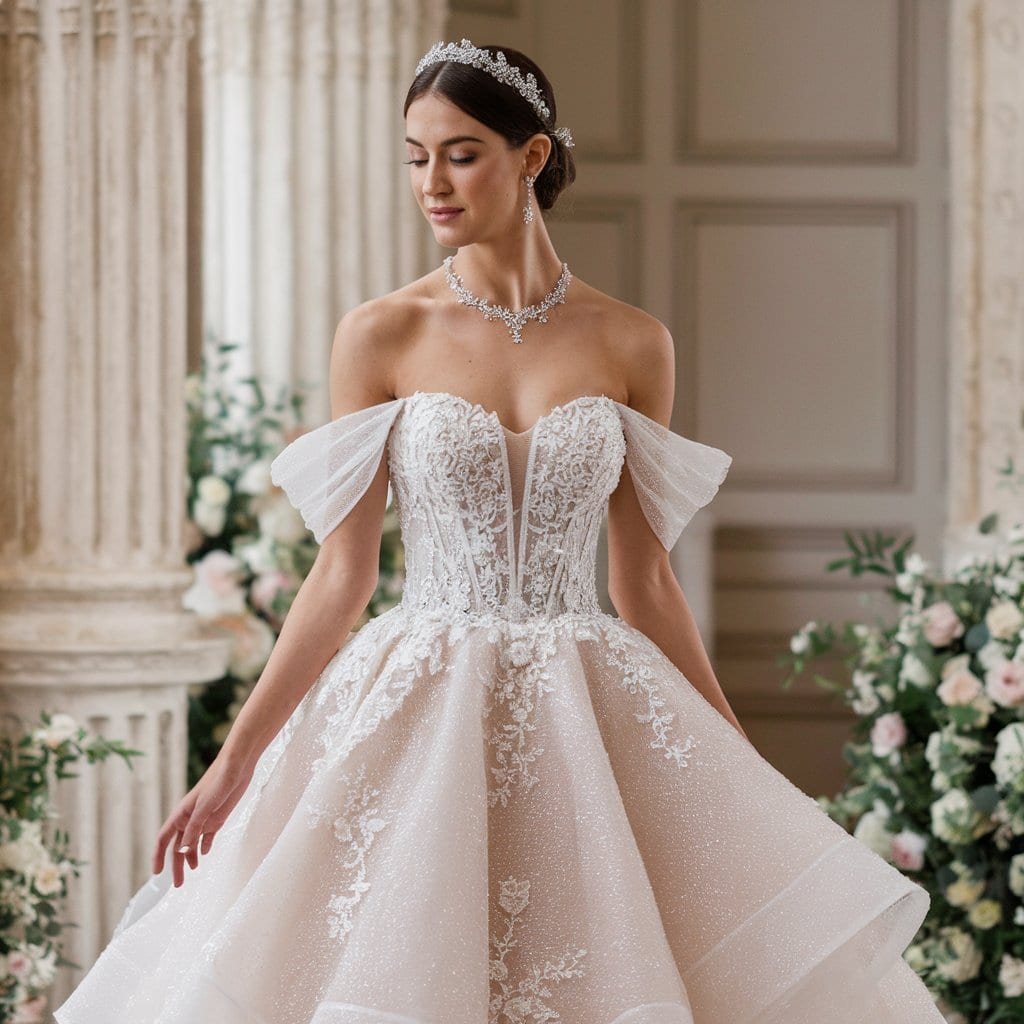 Classic royal off-the-shoulder wedding dress with a voluminous skirt and vintage lace accents, embodying timeless elegance