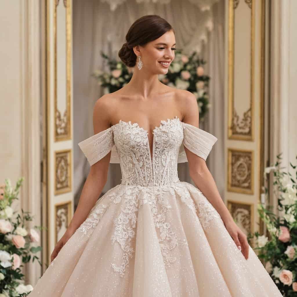 Stunning ball gown with an off-the-shoulder neckline and intricate lace work, perfect for a bride seeking a royal wedding aesthetic