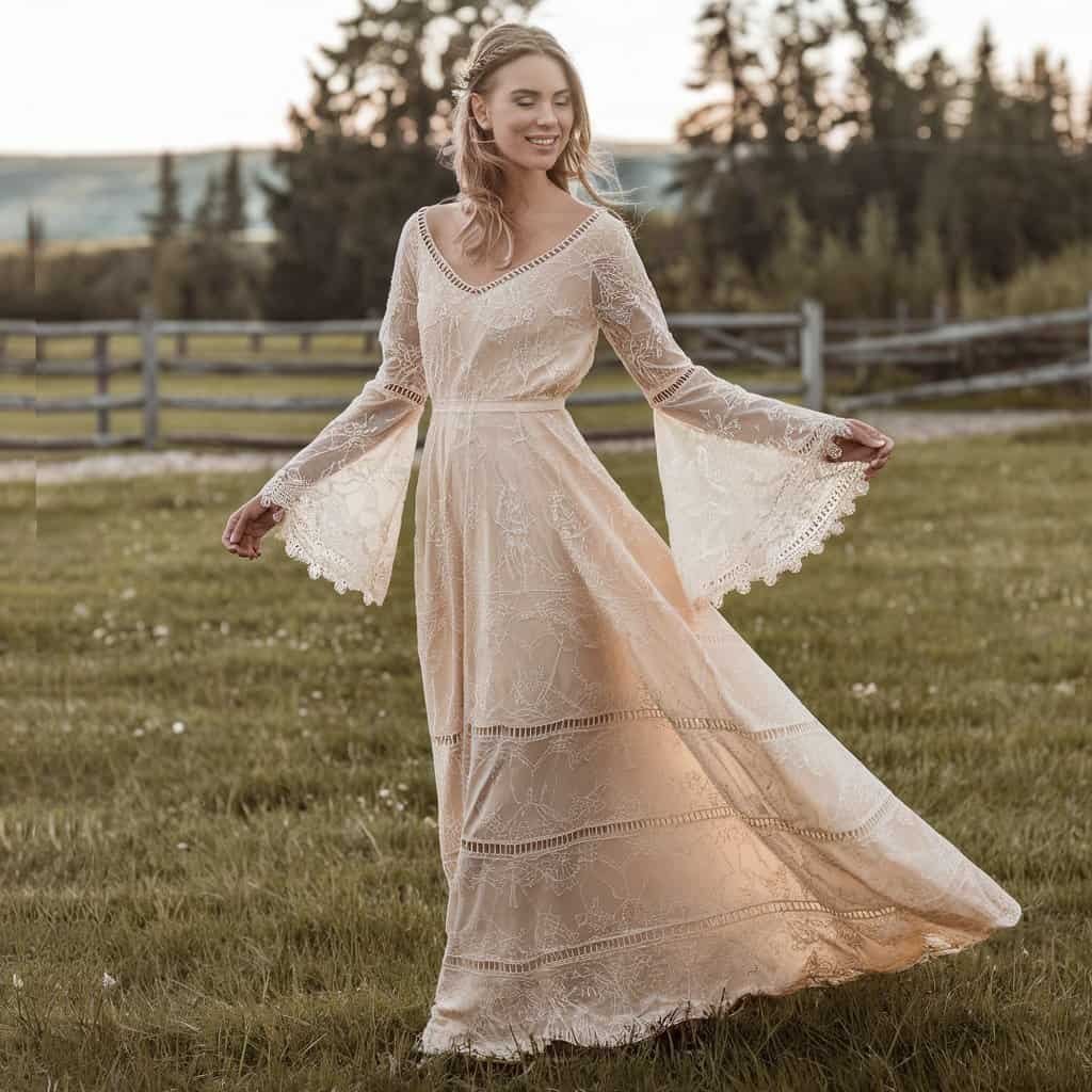 Free-spirited bride wearing a Bohemian lace Western wedding dress with relaxed silhouette and bell sleeves, a perfect choice for rustic weddings.