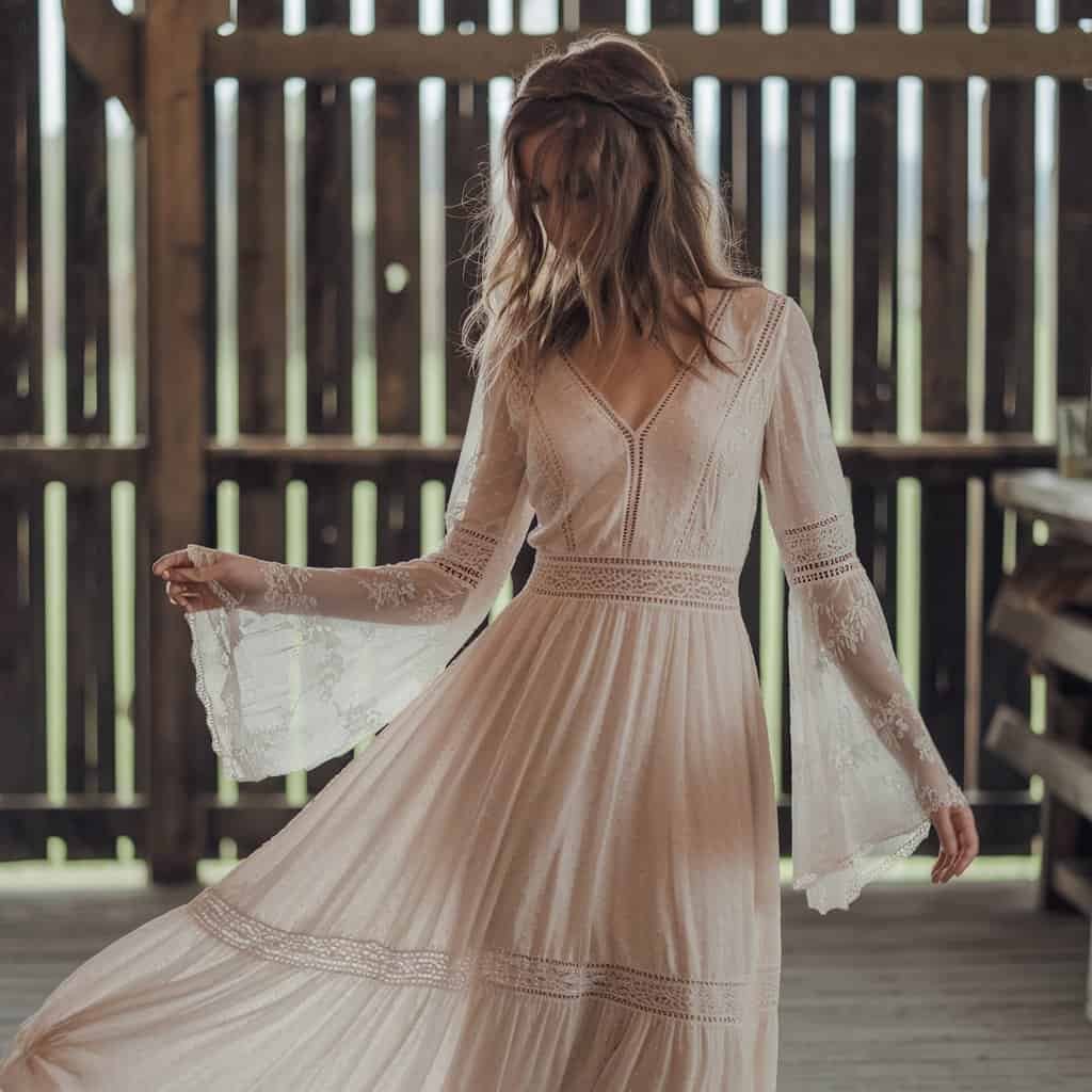 Soft, flowing Bohemian lace Western wedding dress with intricate detailing, ideal for free-spirited brides seeking a rustic, romantic look.