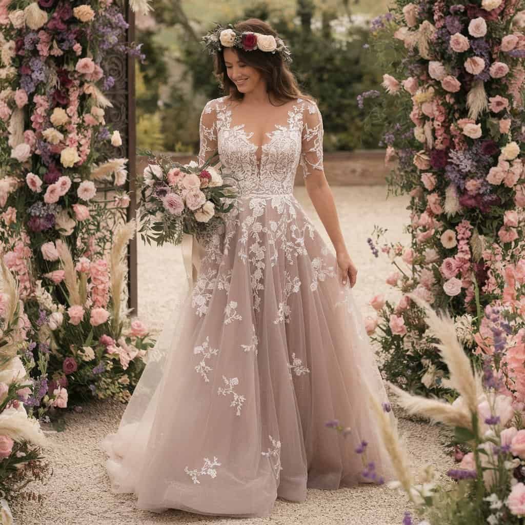 Stunning A-Line Western wedding dress with floral embroidery and flowing fabric, ideal for a romantic garden or countryside wedding.