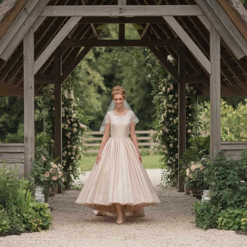 Bride in a vintage A-line Western wedding dress featuring satin bodice and lace accents, perfect for a timeless Western wedding ceremony.