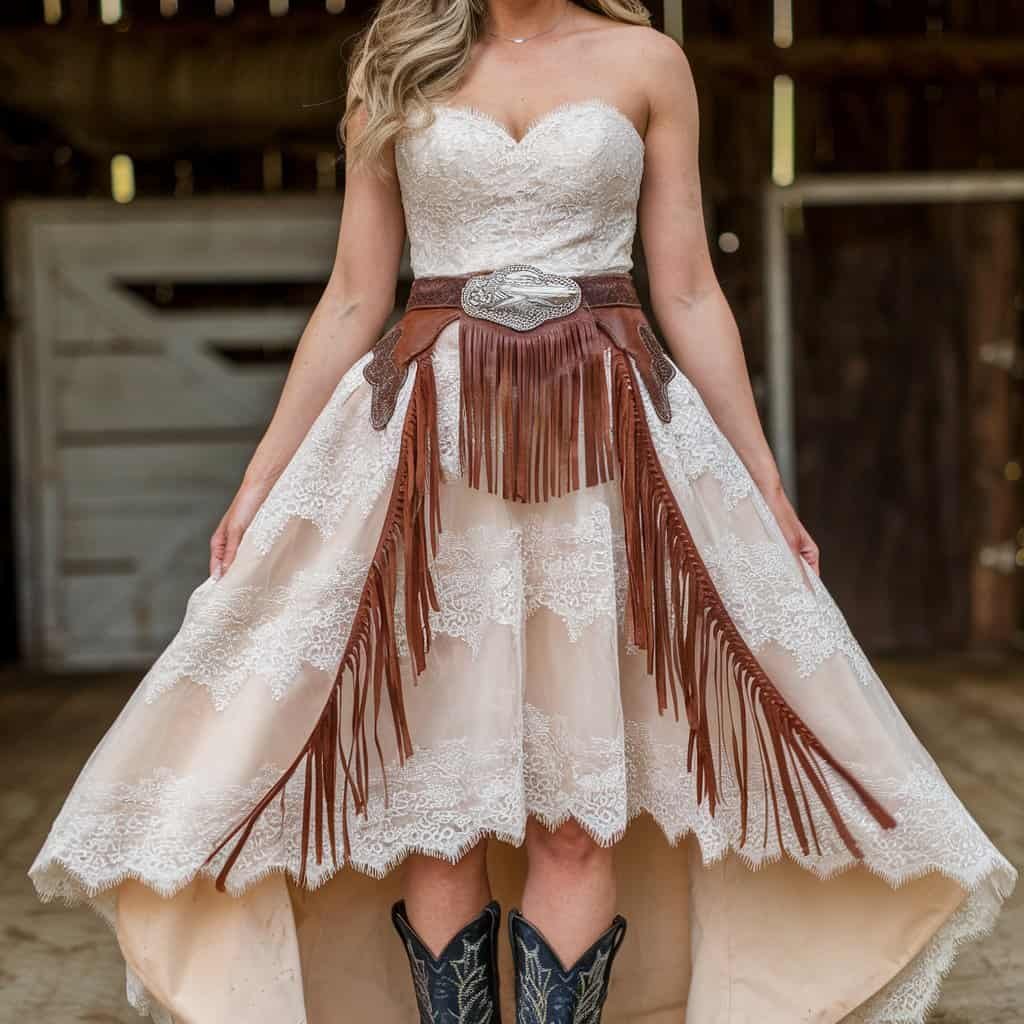 Unique and personalized custom Western wedding dress with leather and lace details, styled with cowboy boots for an unforgettable Western-themed wedding.