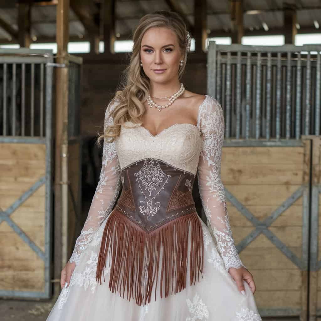 Stunning custom Western wedding dress tailored to perfection, complete with fringe, lace, and cowboy boots, ideal for a rodeo-inspired celebration.