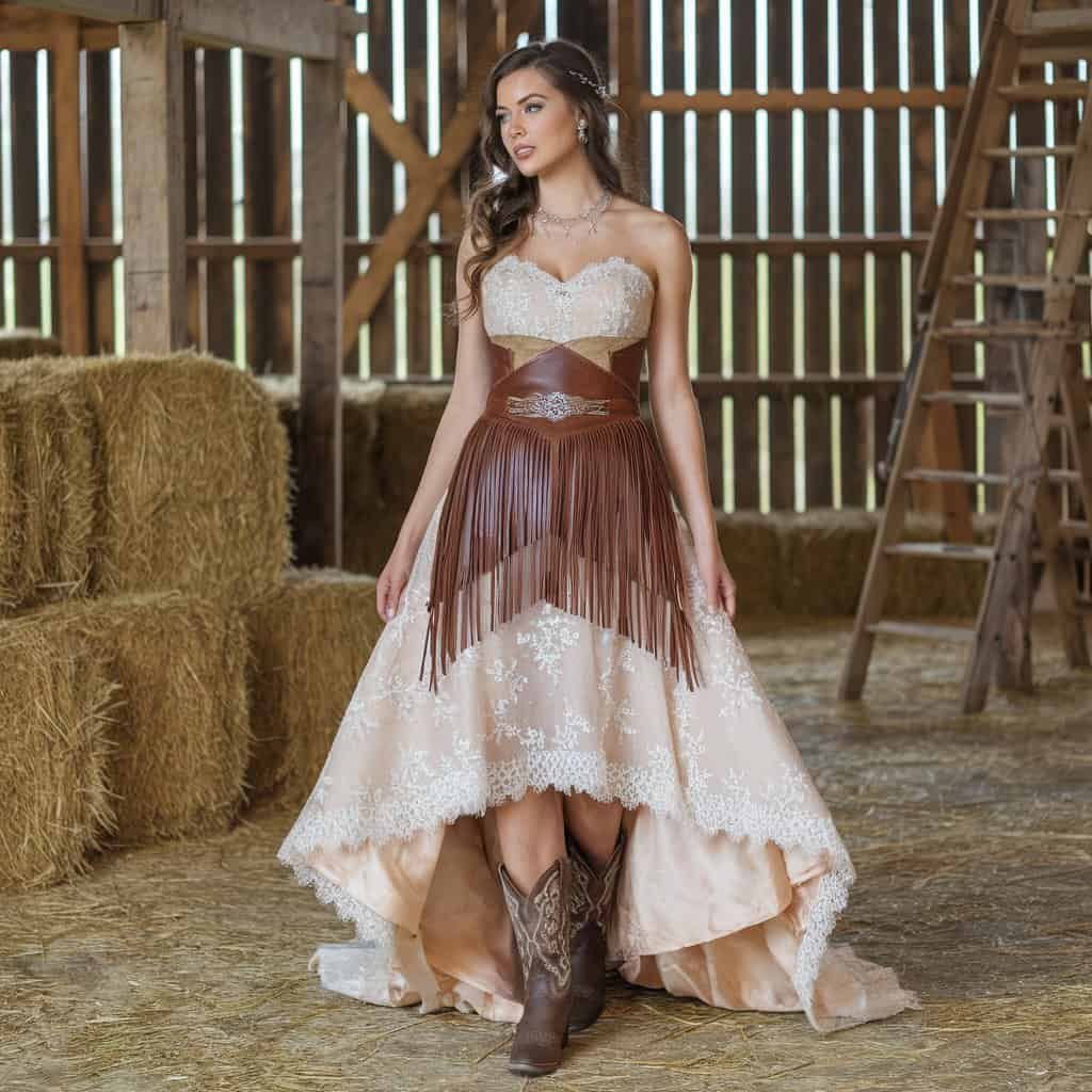 Custom Western wedding dress with leather, fringe, and lace details, perfectly paired with classic cowboy boots for a one-of-a-kind bridal look.