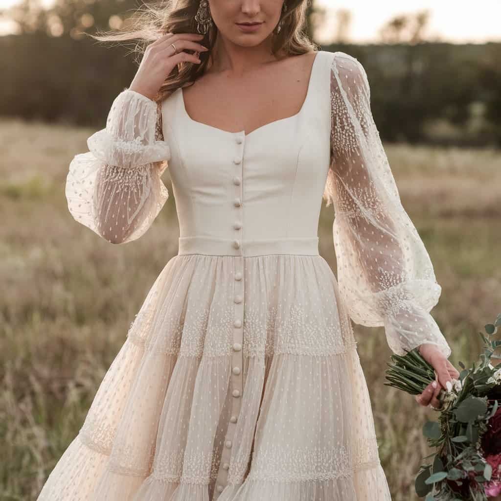 Bride in a Ranch Chic Western wedding dress with elegant button details and subtle fringe accents, perfect for a modern ranch-style wedding.
