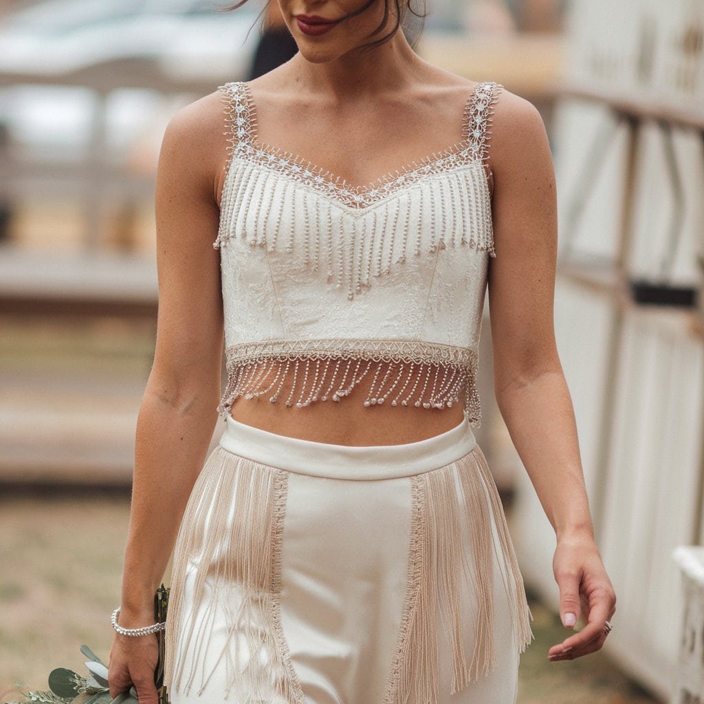 Unique Western-inspired two-piece wedding dress featuring a lace crop top and matching skirt, creating a trendy and stylish look for a barn wedding.