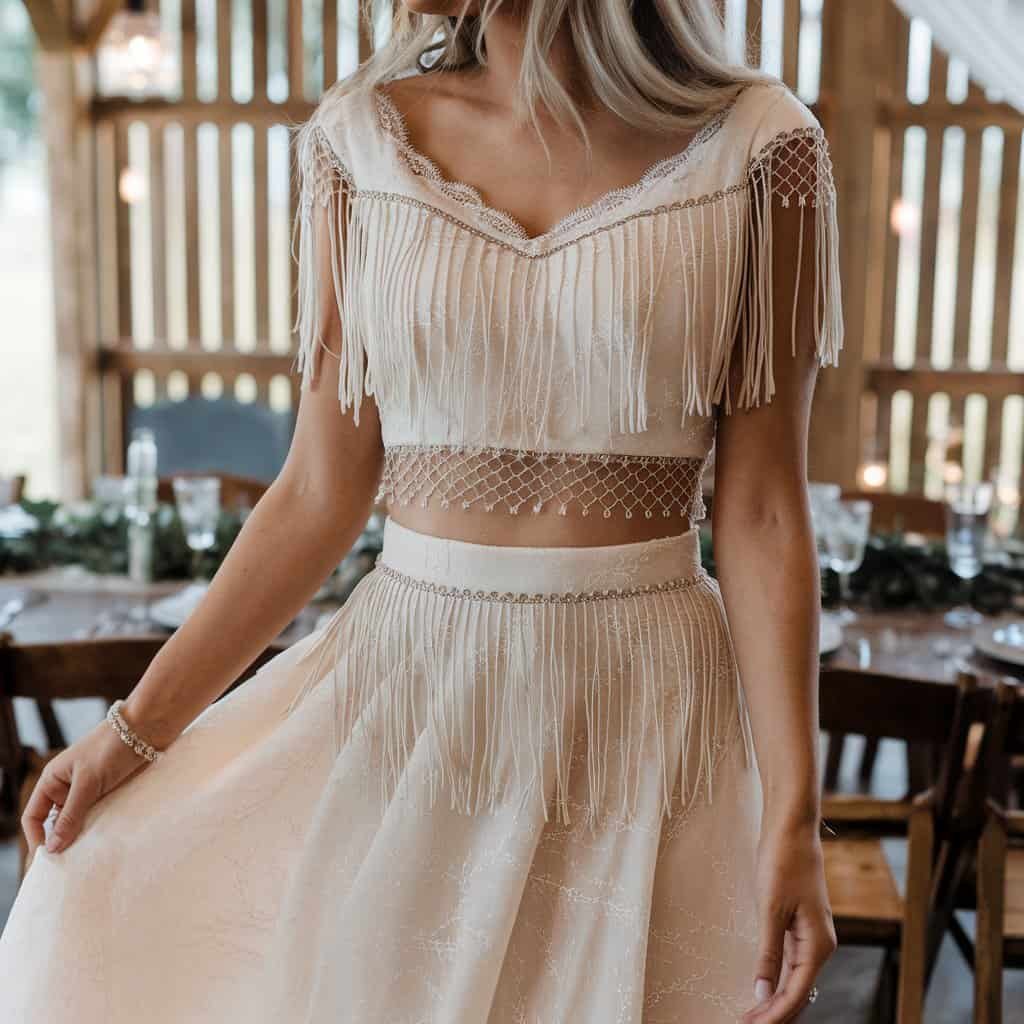 Modern Western-inspired two-piece wedding dress with fringe detailing, ideal for a fashion-forward bride looking for a casual outdoor wedding look.