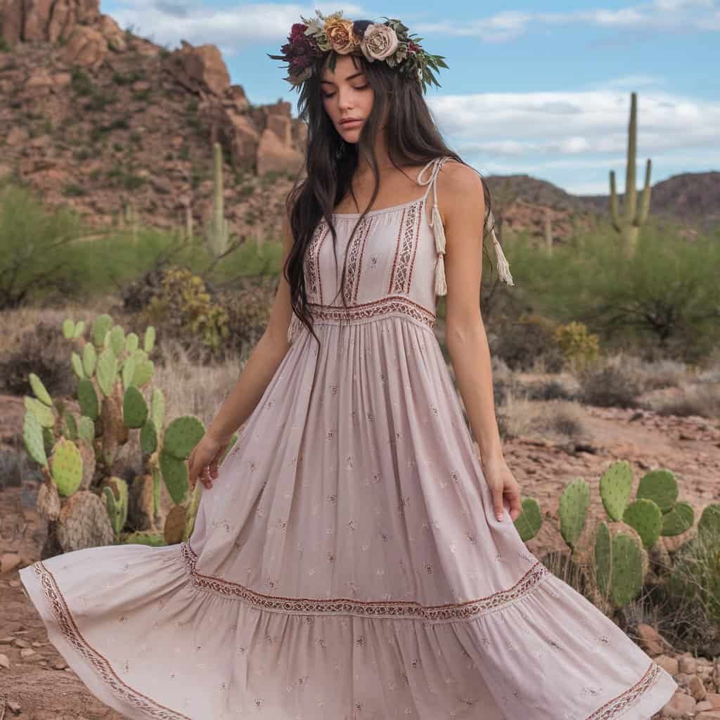 Bride in a flowing Western Boho maxi dress, combining natural embroidery and soft fabrics for a breezy, relaxed bridal look perfect for outdoor weddings.