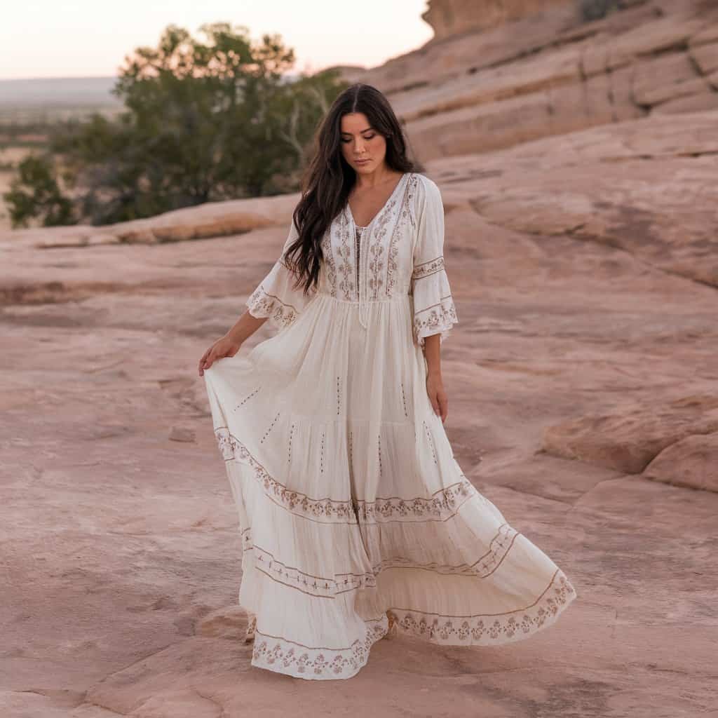 Free-spirited bride wearing a Western Boho maxi dress, exuding effortless elegance and comfort for a rustic, nature-inspired ceremony.