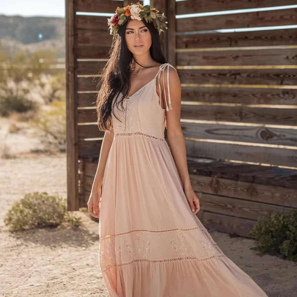 Beautiful bride in a Western Boho maxi dress with delicate embroidery, perfect for a relaxed, airy outdoor wedding in a desert or mountain setting.