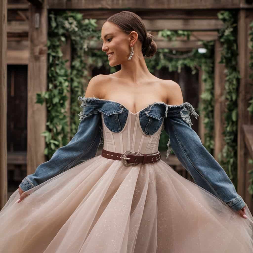 Tulle and Denim Western wedding dress with rugged denim details and soft, flowing tulle, perfect for an unconventional festival-style wedding.