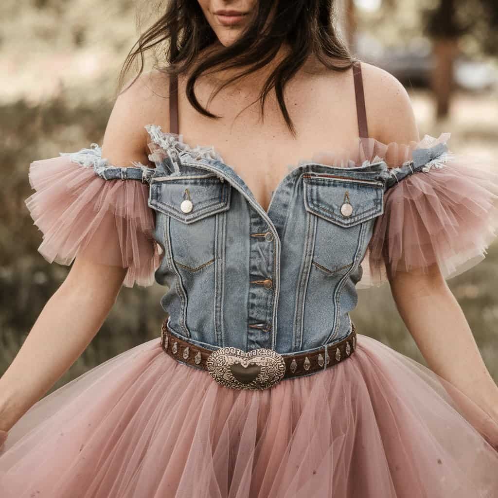 Unique bride in a Tulle and Denim Western wedding dress, featuring denim accents and a flowing tulle skirt for a modern, edgy bridal look.