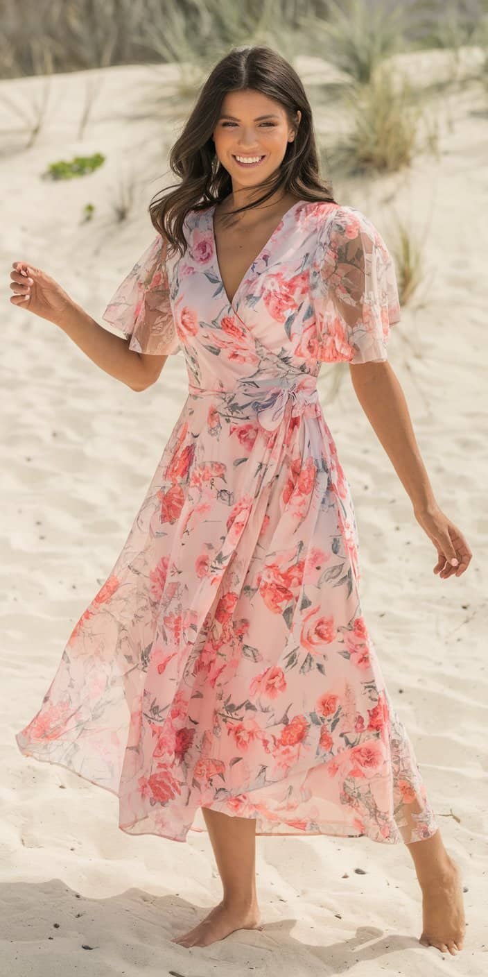 Stylish beach wedding guest dresses featuring a floral print wrap design
