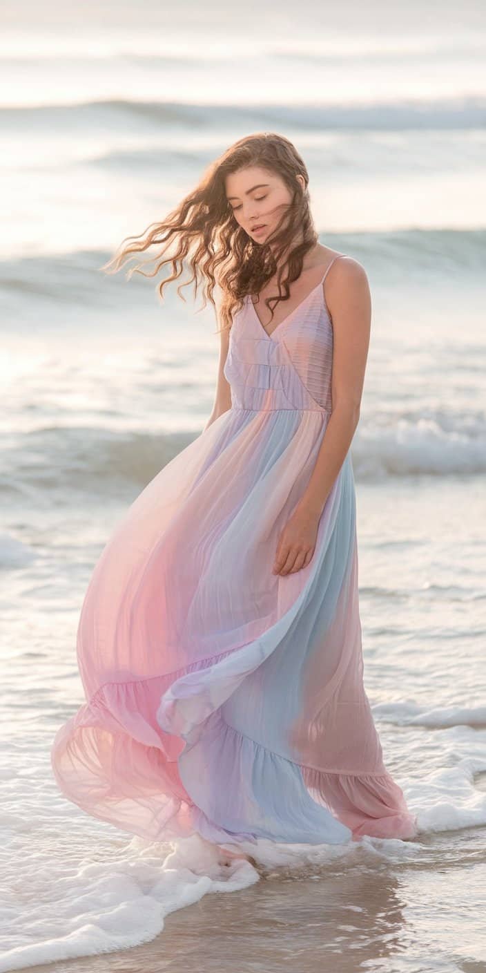 Beach wedding guest dresses in pastel colors: Flowing lavender maxi dress