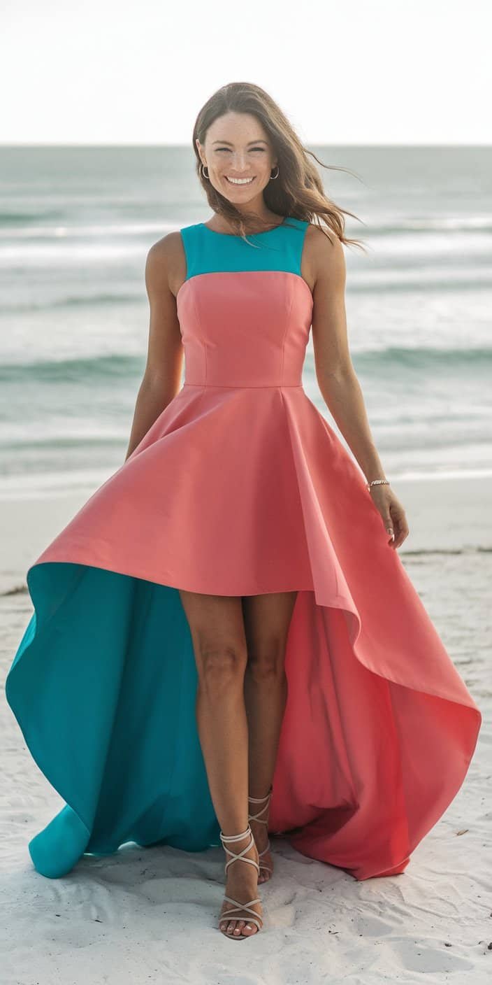 Elegant high-low hem dress in a bold color for a unique beach wedding guest dress