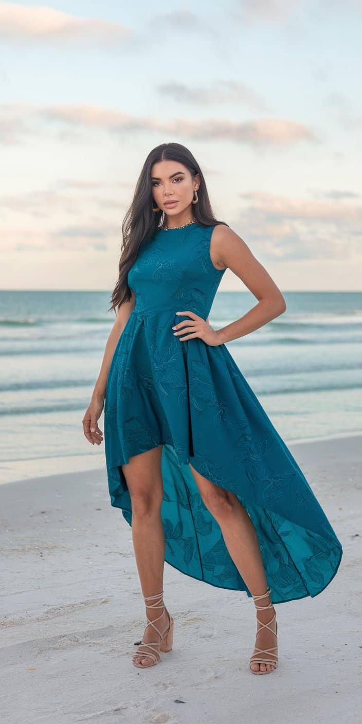 High-low hem beach wedding guest dresses in vibrant shades, ideal for stunning beach style
