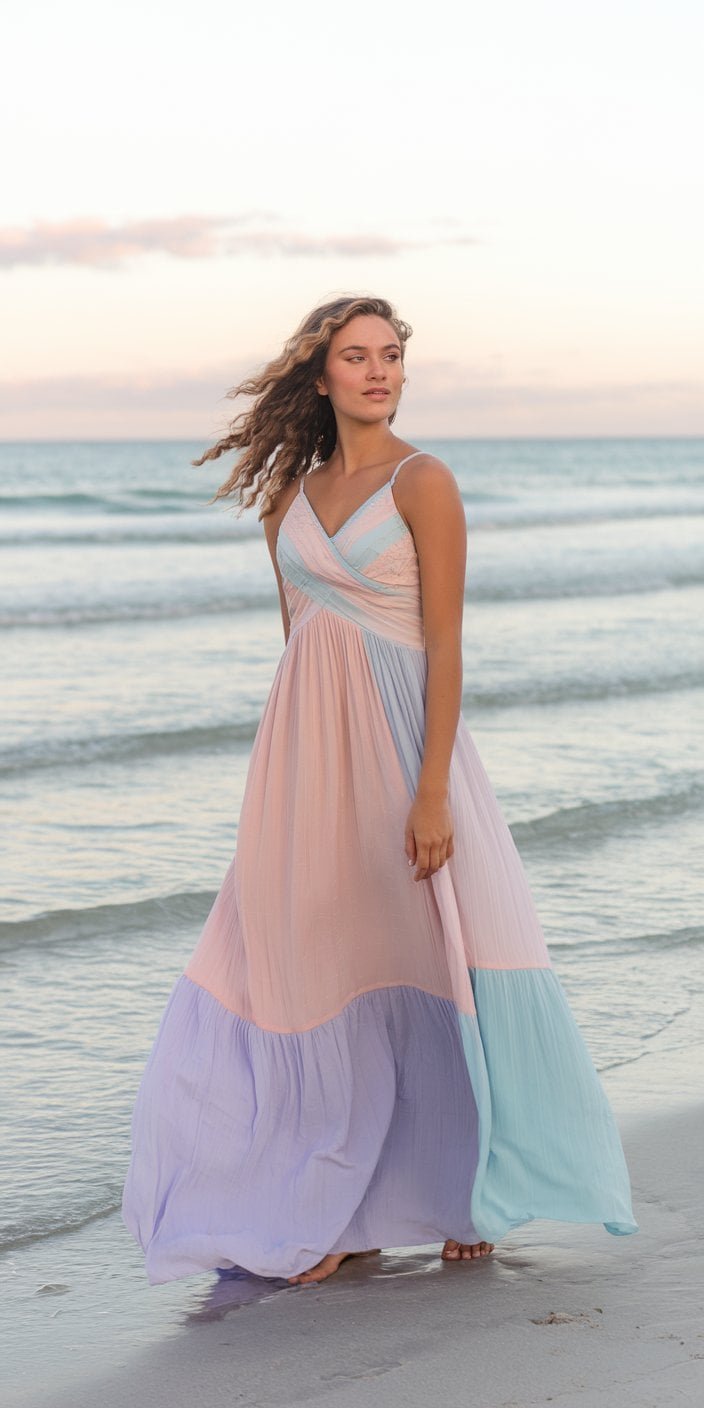 Soft blush pink pastel maxi dress perfect for a beach wedding guest.