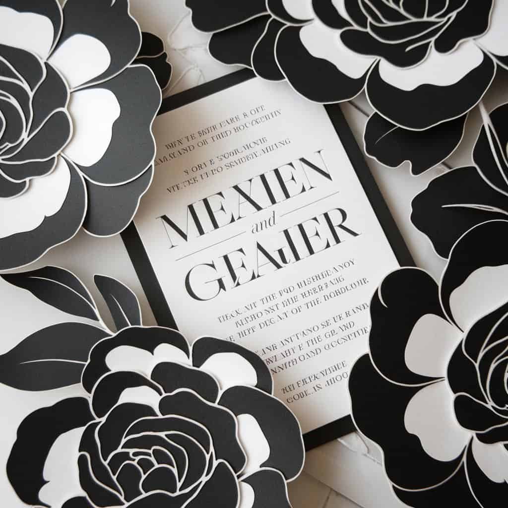 Black and white wedding invitation with bold floral graphics, offering a sophisticated and glamorous look.