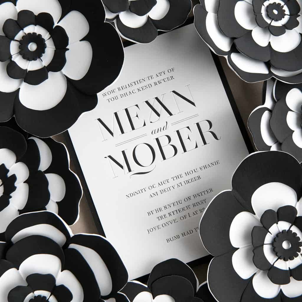 Dramatic black and white wedding invitation with oversized florals, creating an eye-catching visual impact.