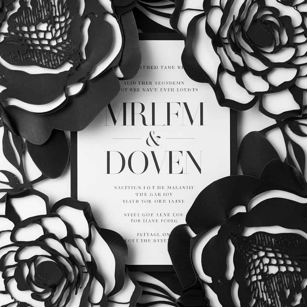 Elegant black and white wedding invitation featuring large, bold floral motifs for a high-contrast, striking design.