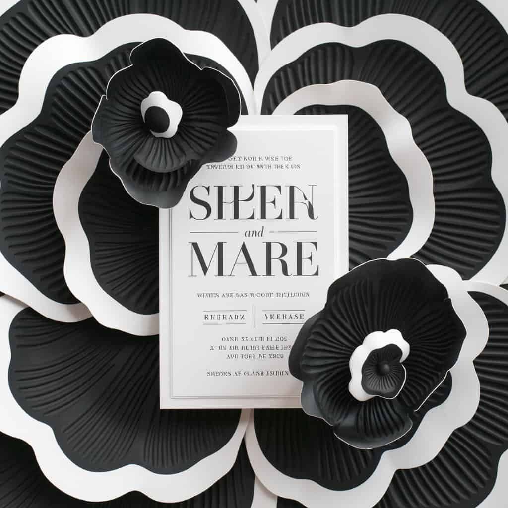 Striking black and white wedding invitation with bold floral patterns wrapping around the edges for a dramatic effect.