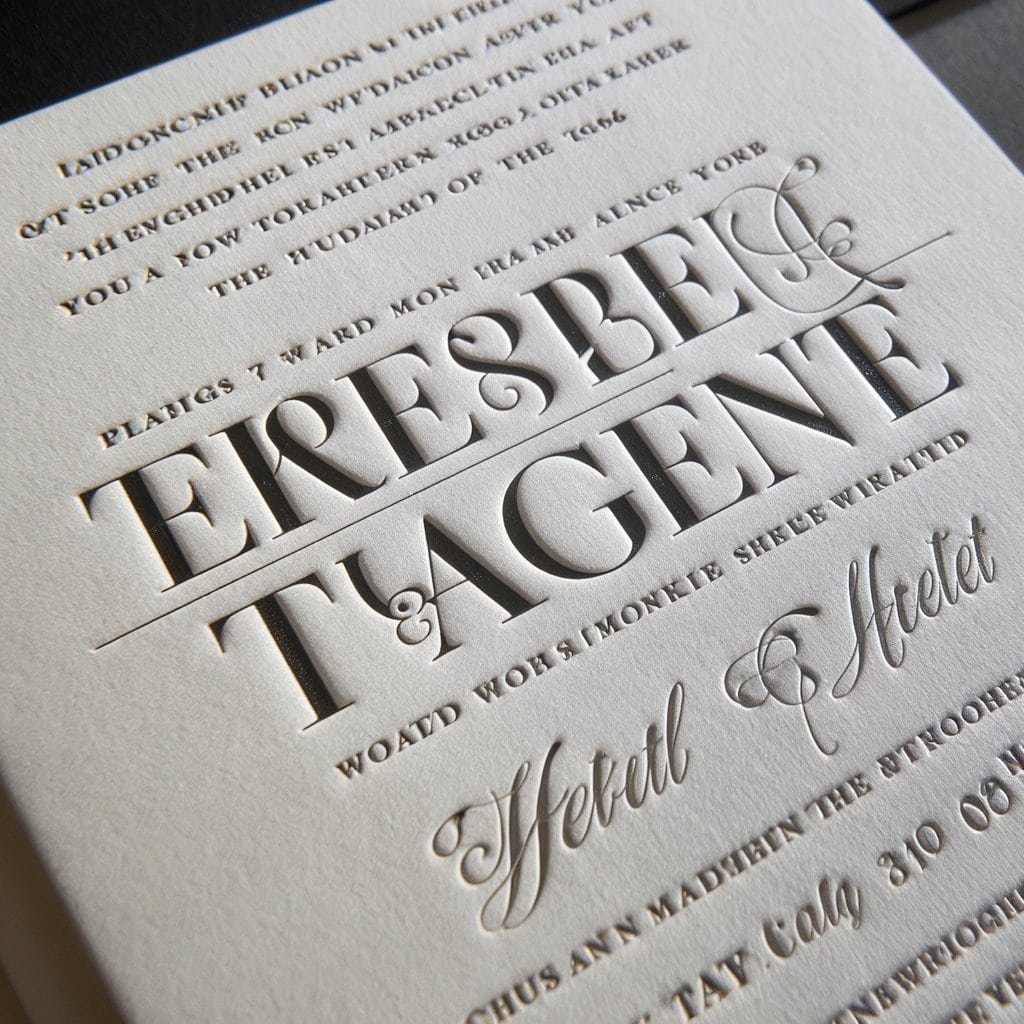 Timeless black and white wedding invitation featuring letterpress typography for an upscale, tactile experience.