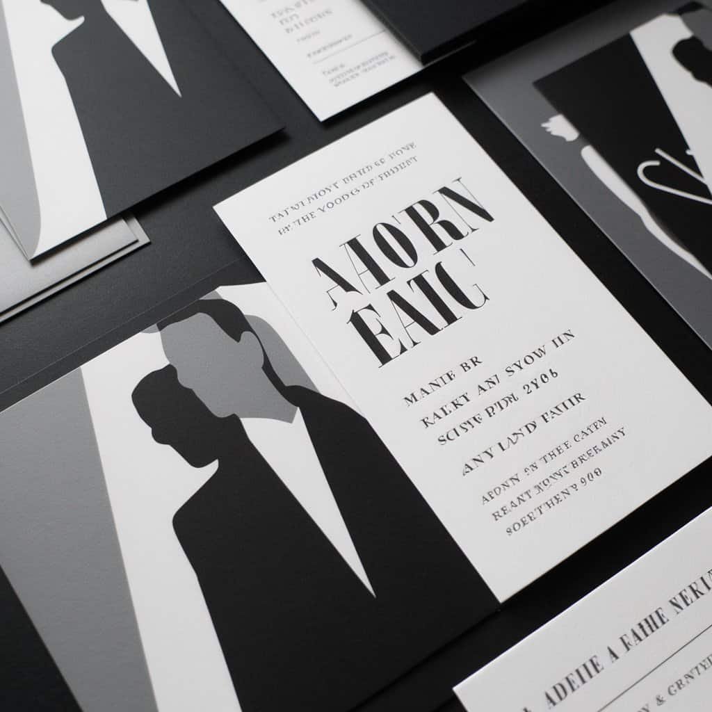 Elegant black and white wedding invitation with dramatic noir-style visuals and sharp typography for a cinematic feel.